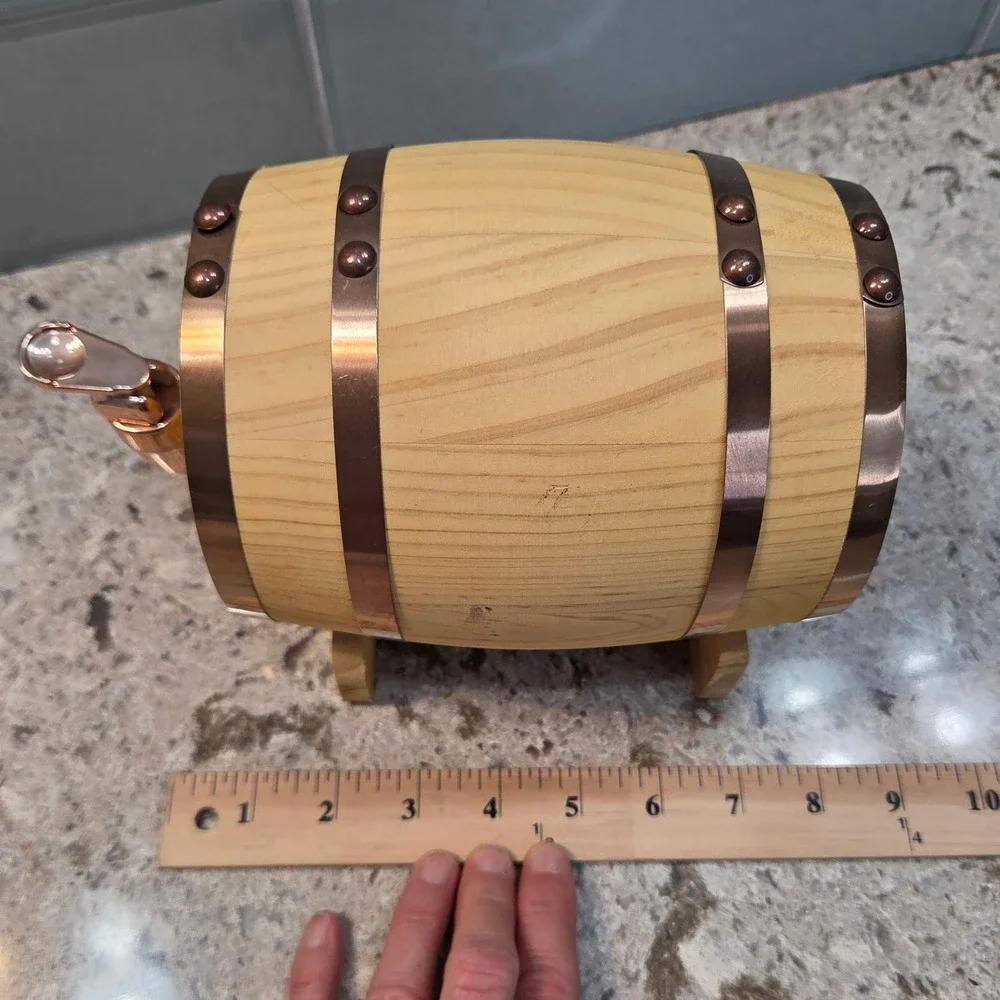 Heritage Collective Wood Whiskey Barrel Dispenser Copper Accents  UNUSED